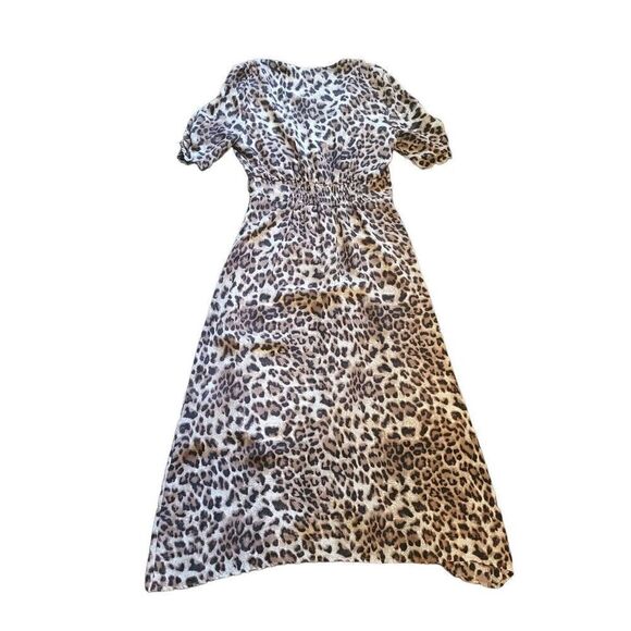 ASTR Dress Women's Medium Tan Midi Deep V Neck Animal Print Short Sleeve - Picture 2 of 5